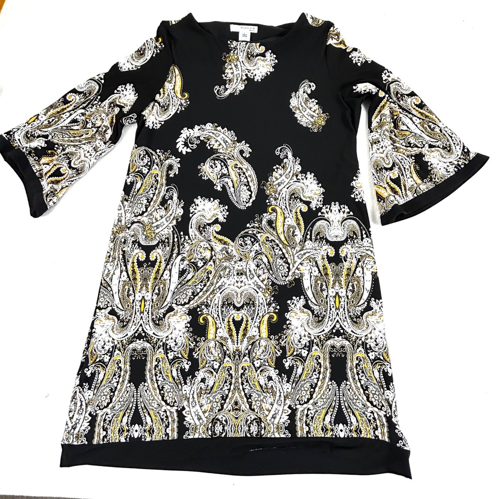 Studio One New York Paisley Bell Sleeve Shift Dress Black Yellow White 73262JP L